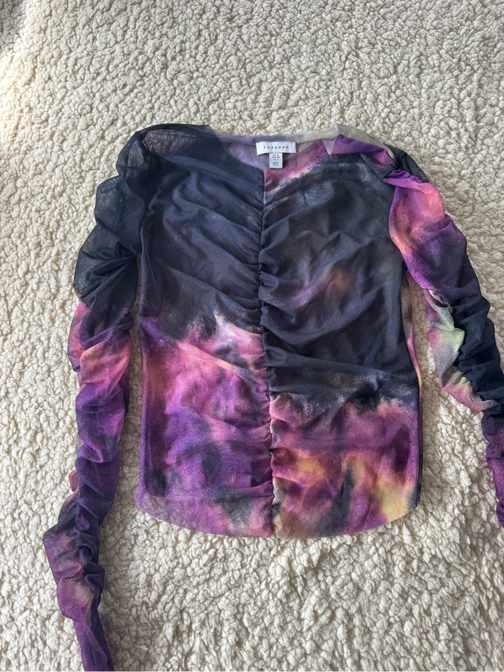 Topshop Purple Tie-Dye Ruched Mesh Long-Sleeve Top